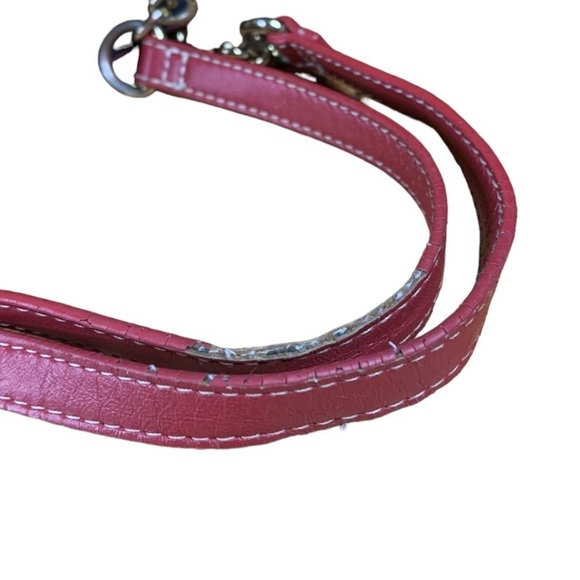 Tommy Hilfiger Tote Bag Red Logo Fabric Leather Trim Goldtone Hardware Chain - Picture 6 of 15